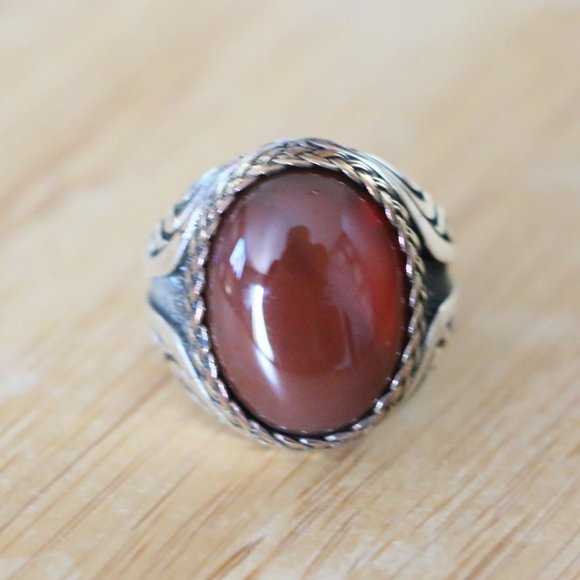 925 Sterling Silver Men's Ring with Red Agate Stone - Picture 7 of 14